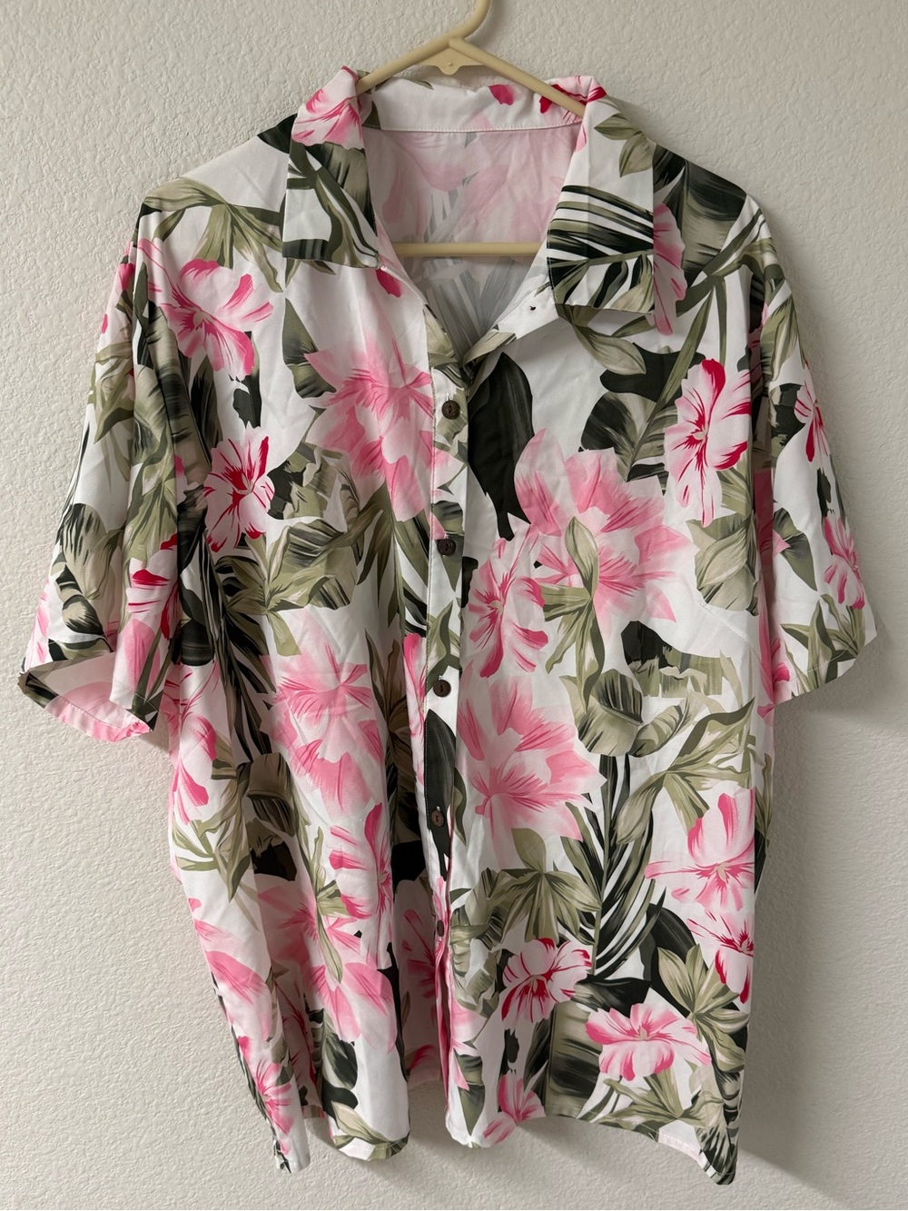 Plus Woman’s White Floral Short-Sleeve Button-Up Shirt - Pink & Green